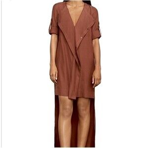 NWT BCBGMaxAzria Gabriella High Low Dress Deconstructed Shirt Brown V-Neck XS